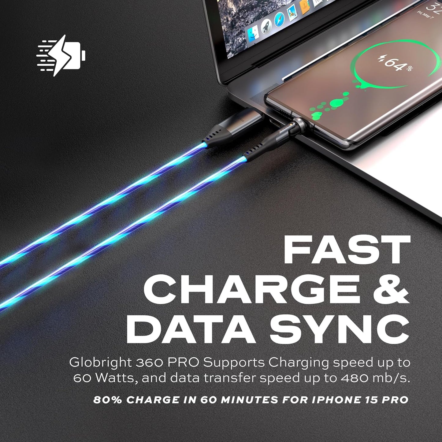 Statik 360 Pro Magnetic Charging Cable - Type C Charger Fast Charging 3 in 1 USB C to USB C Cable, Micro USB & iProduct Tips, USB A Adapter, Fits All Devices - 100W Fast Charger, GloBright 3FT/1M
