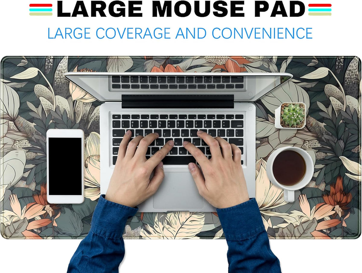 Vintage Floral Desk Mat XXL Large Gaming Mouse Pad Extended Desk Pad, Tropical Plants Laptop Keyboard Mouse Mat with Stitched Edges 31.5x15.75 in, Computer Mat Mousepad for desk Decor Office Gift