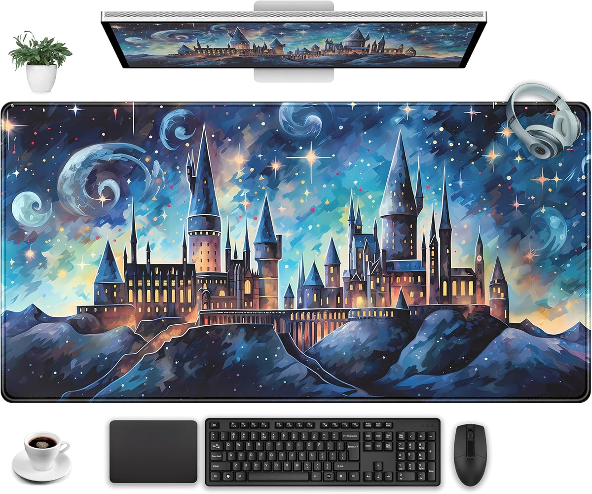 Blue Castle Desk Mat Aesthetic Cute Desk Pad, Extended Large Mouse Pad XXL Gaming Keyboard Pad, Computer Desktop Mouse Mat Full Desk Laptop Mat, Fantasy Art Office Desk Accessories 31.5" x 15.7"