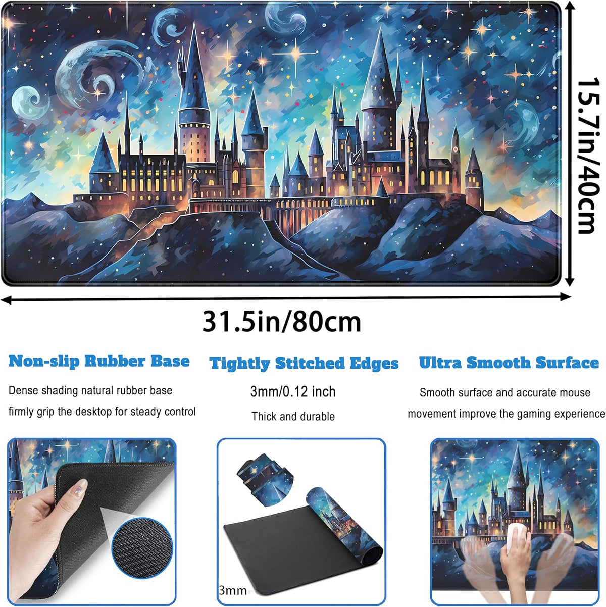 Blue Castle Desk Mat Aesthetic Cute Desk Pad, Extended Large Mouse Pad XXL Gaming Keyboard Pad, Computer Desktop Mouse Mat Full Desk Laptop Mat, Fantasy Art Office Desk Accessories 31.5" x 15.7"