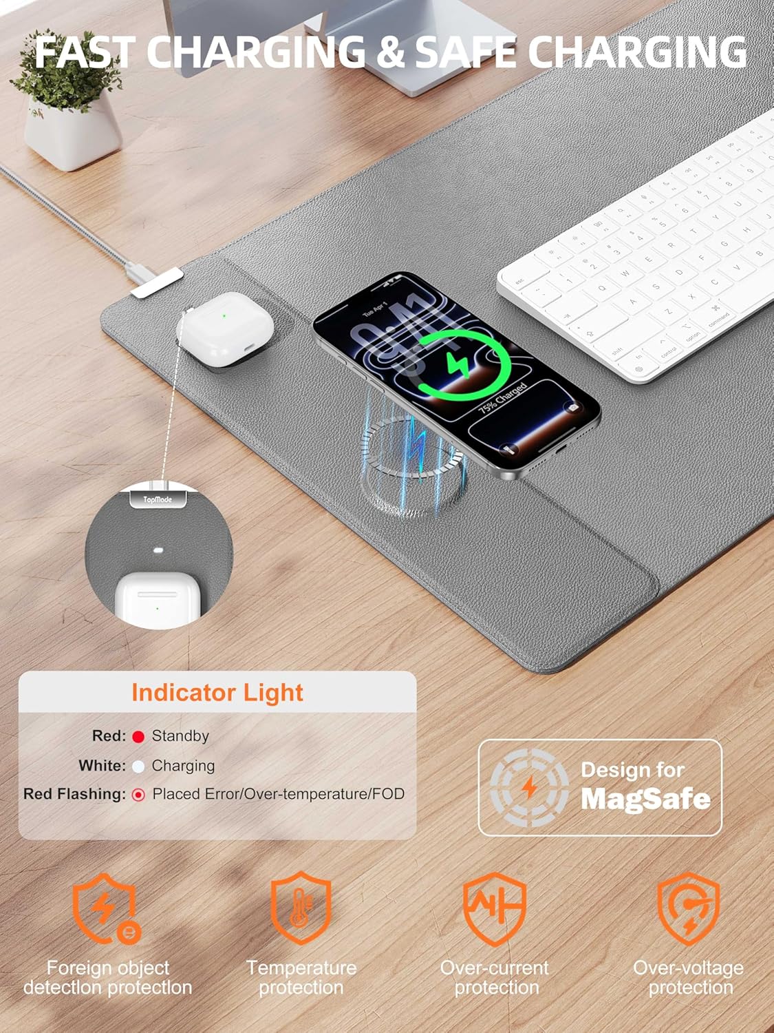 TopMade Mouse Pad with 15W Wireless Charging, XXL Large Leather Desk Mat, Waterproof Gaming Mousepad Home Office Desk Pad Protector, Computer Keyboard Pad, Mouse Mat for for MacBook, PC, Laptop, Gray